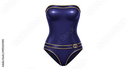 Shiny blue one-piece swimsuit with gold trim.