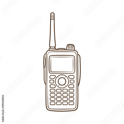 A hand drawn illustration depicts a portable two way radio with an extended antenna