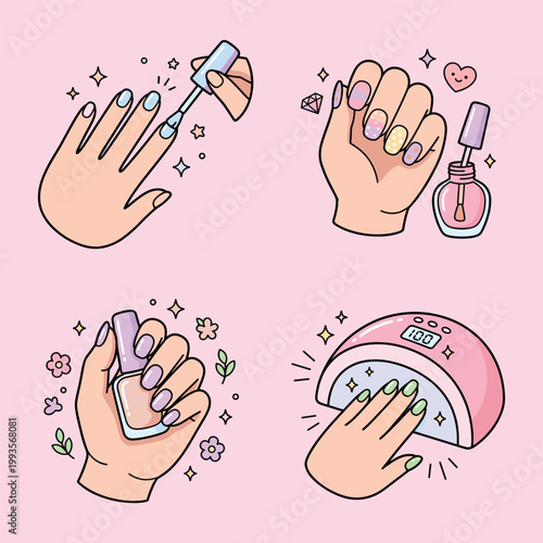 Nail art and manicure clipart set with colorful hands
