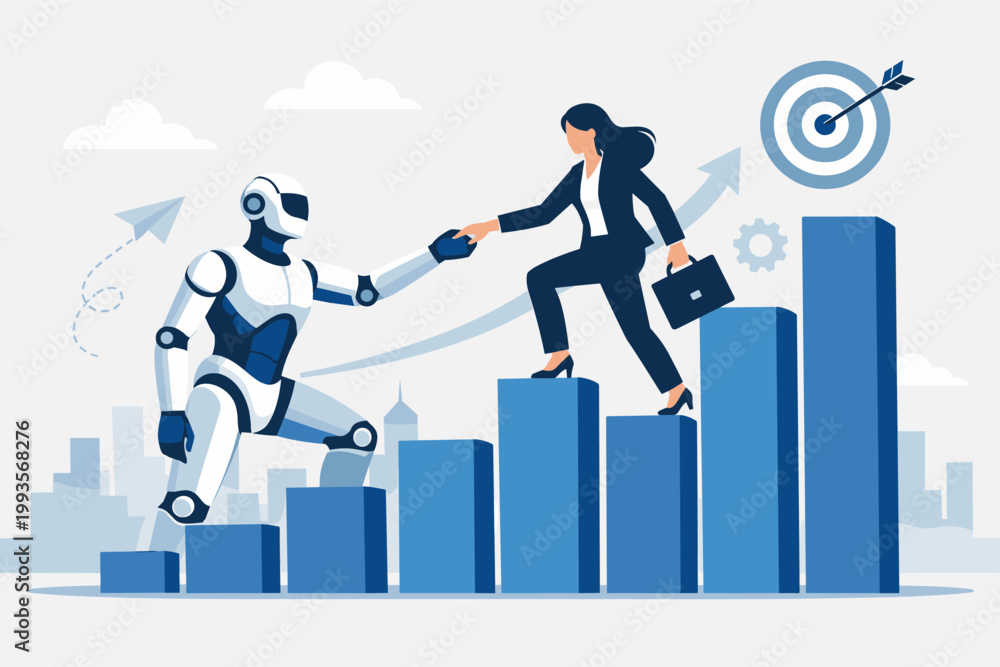 Fototapeta premium Artificial Intelligence Robot Helping Businesswoman Climb the Bar Chart Ladder of Success to Reach Target Goal, Human and AI Collaboration for Business Growth and Career Advancement Vector.