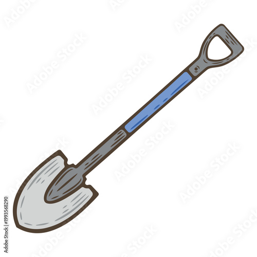 Colourful garden shovel illustration, metal spade, digging equipment, agriculture gear, yard work instrument, soil digging, long handle with blue grip, vintage hand drawn style, isolated