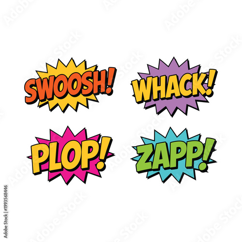 Four colorful comic book style sound effects swoosh whack plop and zapp