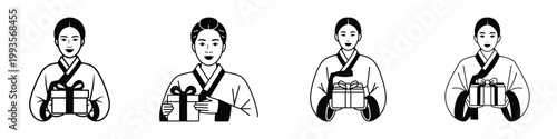 Traditional Korean Hanbok Woman Holding Gift Box Illustration – Asian Culture, Holiday Celebration, and Korean Tradition Concept Vector Art