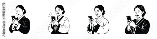 Traditional Korean Hanbok Woman Using Smartphone Illustration – Modern Technology Meets Tradition, Digital Lifestyle and Korean Culture Vector Art