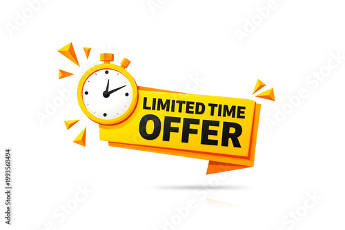 3D yellow alarm clock with limited time offer banner on bright background for urgent sale promotion