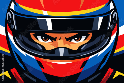 Close-up vector illustration of a racing driver wearing a colorful helmet with an intense and determined gaze visible through the visor, featuring bold primary colors and a flat design style.