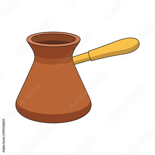 A cartoon illustration depicts a traditional turkish coffee pot with a long handle