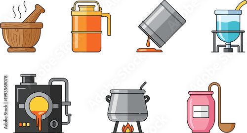 Set of Industrial Equipment Icons for Processing, Heating, and Mixing Liquids, Vector Art