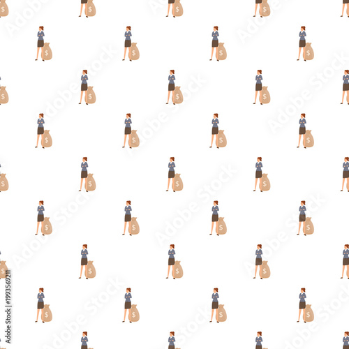 Seamless pattern with cartoon businesswoman holding a money bag with a dollar sign