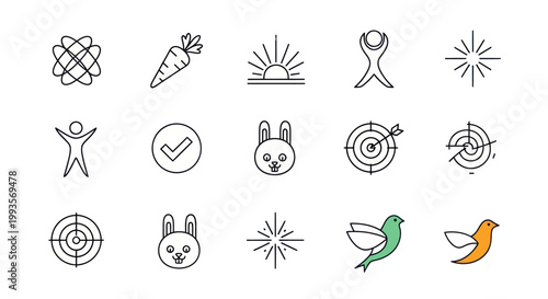 Collection of Minimalist Icons: Science, Nature, Success, Goals, Animals