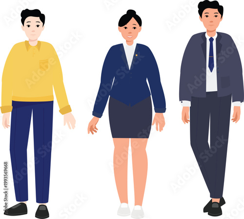 Three distinct fashion silhouettes showcasing traditional and modern styles