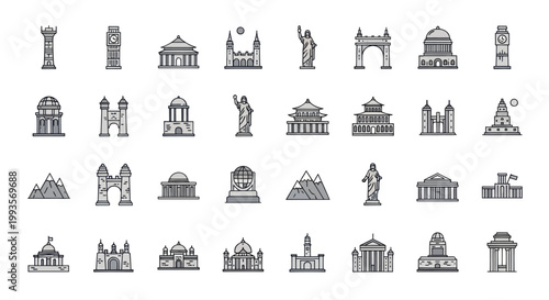 Collection of Famous Global Landmarks and Monuments Icons