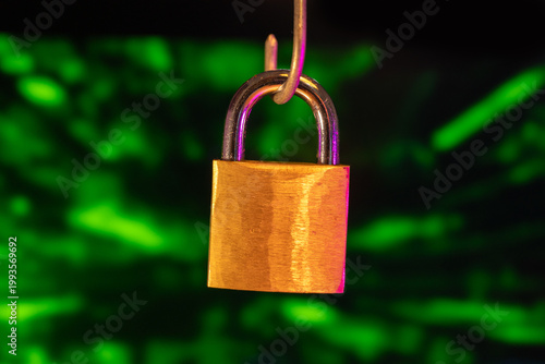 Hacked Security Padlock with Glowing Cyber Grid