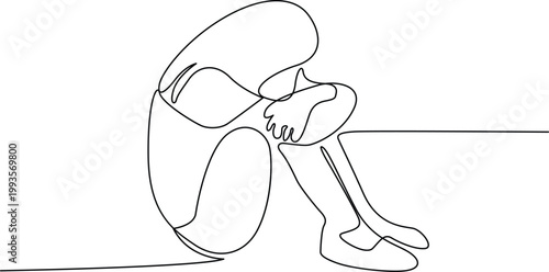 A person sitting on the ground in a hunched-over and distressed position. Vector