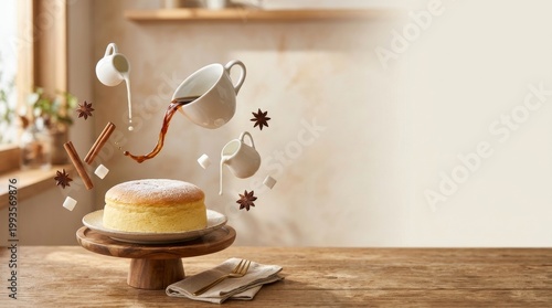 A delicious cake on a wooden cake stand with coffee and spices floating around it on a kitchen table with a blurred background