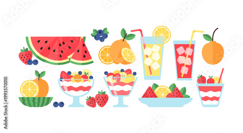 Vibrant, geometric illustration of citrus fruits and watermelon, evoking freshness and natural flavors. Perfect for food marketing, summer promotions,