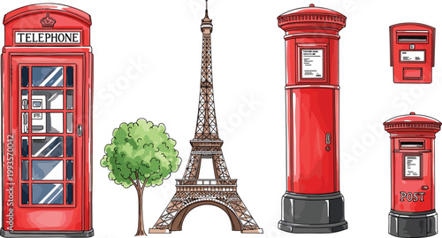 Foto European landmark icon set with Eiffel Tower, red telephone booth, British post