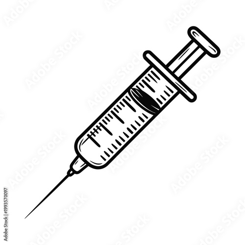 A detailed black and white illustration of a medical syringe showcasing its components