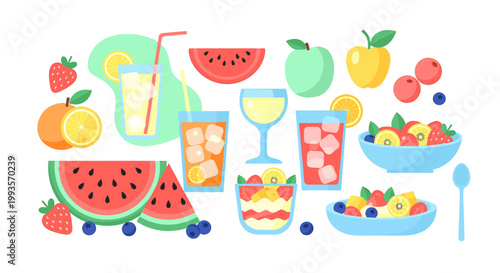 Vibrant fruit icons evoke freshness and health. Perfect for marketing healthy food, summer promotions, or illustrating a nutritious lifestyle.