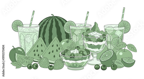 A vibrant illustration of a green apple with fresh mint conveys a sense of natural goodness and healthy choices, ideal for food blogs or wellness camp