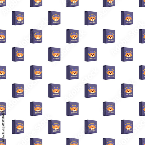 Dog food boxes repeating in a seamless pattern on white background for pet shops