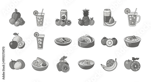 A simple, grayscale illustration of lychee fruits, whole and halved, evoking freshness and natural goodness for use in food-related marketing or websi