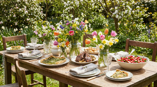 Spring flowers and fresh food create warm social gathering atmosphere outdoors with colorful tulips and daffodils on wooden table