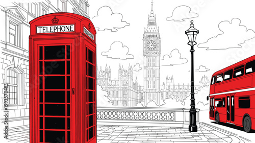London city illustration with Big Ben, red telephone booth and double decker bus urban travel landmark vector scene
