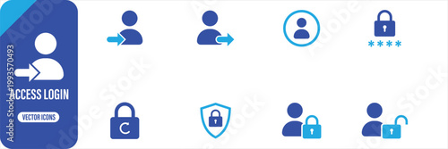 Access account icon. featuring log in, log out, account security symbols. Solid vector icons.