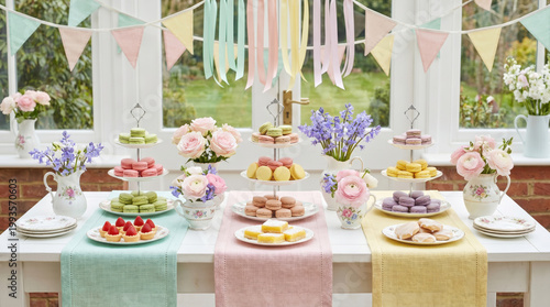 Spring food social gathering with colorful macarons and flowers on decorated table for joyful celebration