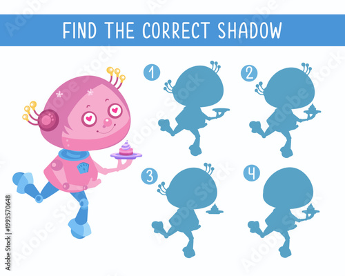 Find correct shadow educational game for kids with cute pink robot girl character. This logical vector puzzle helps children improve visual skills and attention through fun matching task. Sweet pink