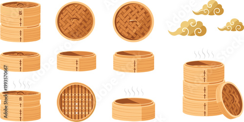 Set of Bamboo Steamers with Lids and Steaming Clouds for Asian Cuisine, Cooking, and Restaurant Designs, Vector Art