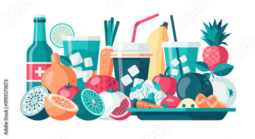 A vibrant, flat lay illustration of kiwi slices conveys freshness, healthy eating, and tropical vibes. Suitable for food blogs, marketing, or social m