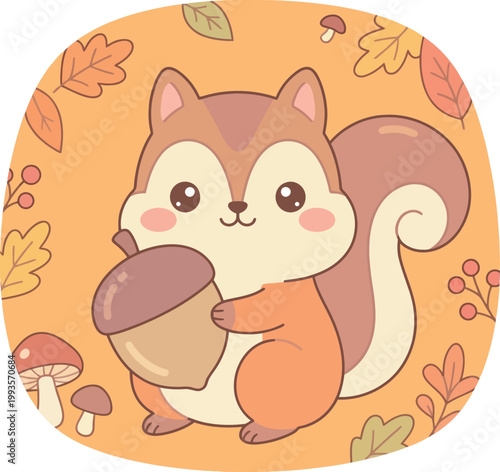 Cute cartoon squirrel holding an acorn with autumn leaves and mushrooms