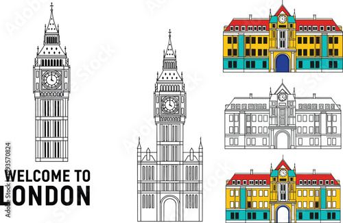 London landmark illustration set with Big Ben, Westminster architecture and colorful European buildings travel city vector collection