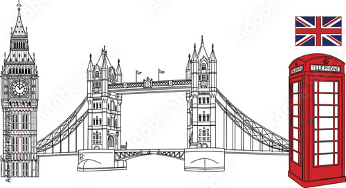London landmark illustration with Big Ben, Tower Bridge, Union Jack flag and red telephone booth vector travel icon set