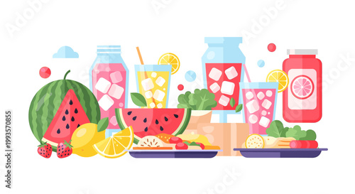 Bright and cheerful illustration of watermelon and strawberries, perfect for summer marketing, food blogs, or adding a playful touch to any website or
