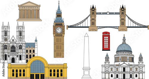 London landmarks collection with Big Ben, Tower Bridge, St Paul’s Cathedral, Westminster Abbey and classic British architecture vector illustration