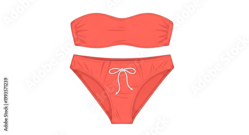 Coral Strapless Bikini Set With High Waisted Bottoms.