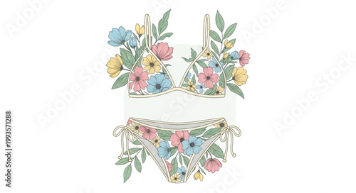 Delicate Floral Bikini Set with Pastel Flowers and Green Leaves.