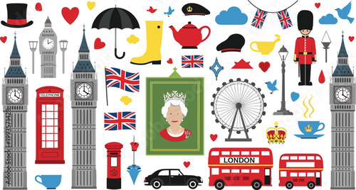 Photography London travel icon set with Big Ben, red bus, telephone box, Queen portrait and