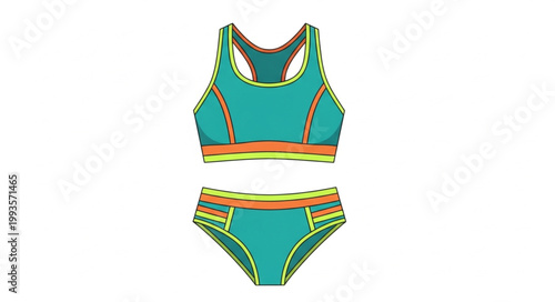 Teal bikini set with colorful trim detail.