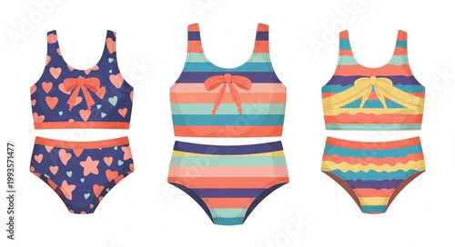 Three colorful girls swimsuits with different patterns and designs.