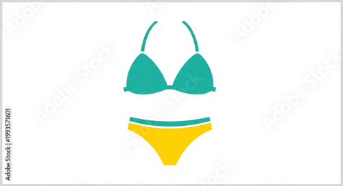 Turquoise bikini with yellow bottoms and blue trim.