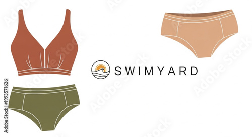 Two piece swimsuit and bikini bottom with logo.
