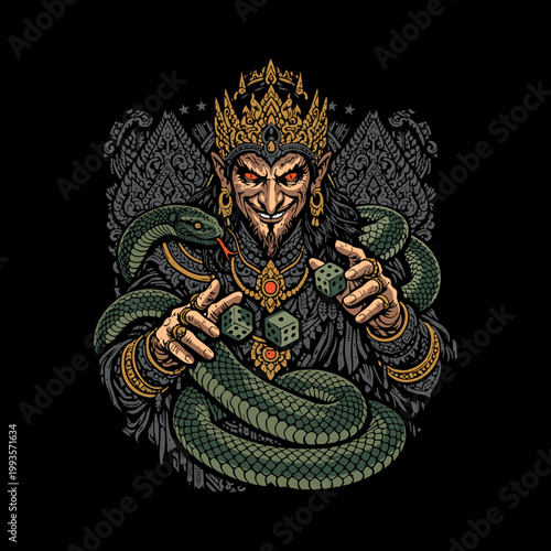 Dark Mythical Trickster King with Serpent and Dice – Detailed Engraving Style Vector Illustration