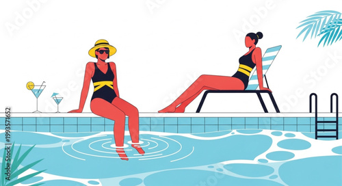 Two women relaxing by the swimming pool on a sunny day.