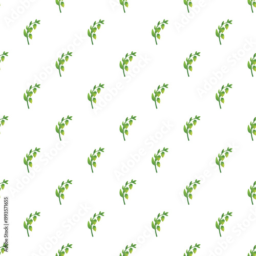 Hops plant branches with leaves and cones forming a seamless green pattern