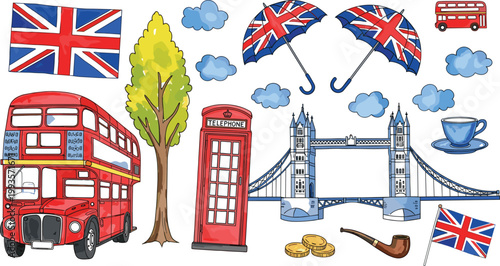 London travel illustration set with Tower Bridge, red bus, British flags, umbrella and telephone box city landmark vector collection