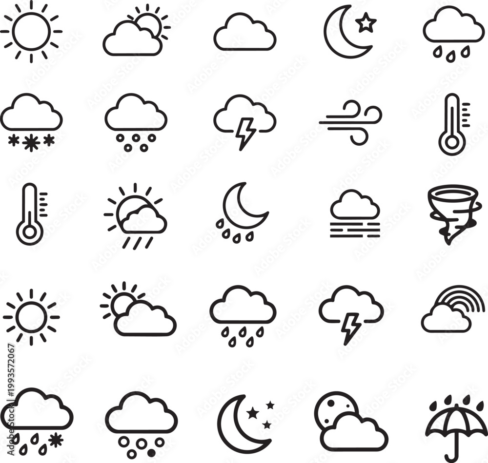 Fototapeta premium Set of Weather Icons: Sun, Clouds, Rain, Snow, Moon, Thermometer, Storms vector illustration